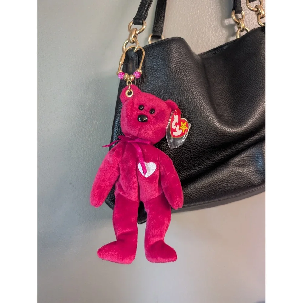 Ty Beanie Baby Valentina Bear Upcycled Purse Charm Keychain Fuchsia Pink 1998